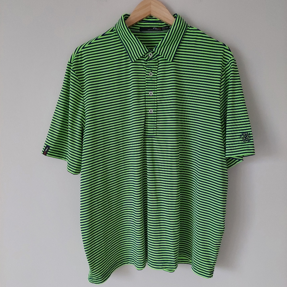 Ralph Lauren RLX Golf Shirt, Men's XL, Green / Blue Stripe, Dragon Logo